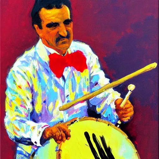 Image similar to painting of gene krupa playing a drum solo, by leroy neiman, hd, detailed, award winning