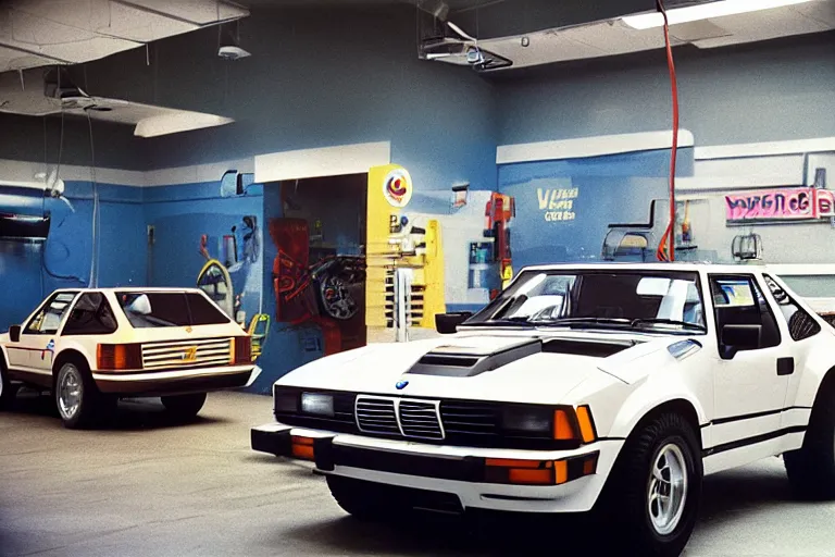 Image similar to A single 1985 Bronco Vector W8 Twin Turbo 911 BMW M1 inside of a car wash, ektachrome photograph, volumetric lighting, f8 aperture, cinematic Eastman 5384 film