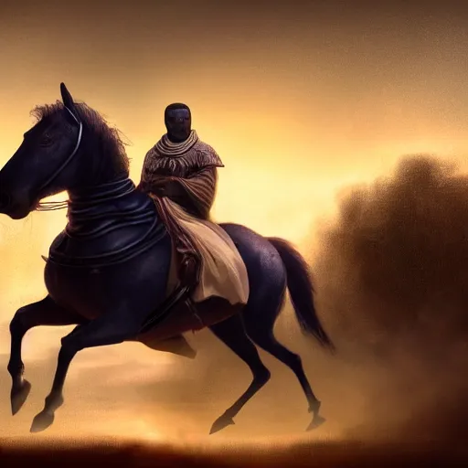 Image similar to a wideshot of a masked kanye west riding a horse into the night as riots go on in the background, dark, blue hour, cinematic lighting, by alan lee, intricate, grim, digital art, trending on artstation