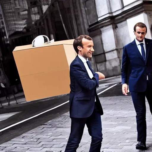 Prompt: photography, emmanuel macron carries a box, relocation, photorealistic, detailed, studio lighting, 4 k