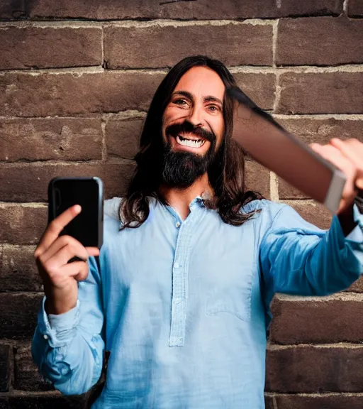 Image similar to Jesus taking a selfie. He is laughing. Professional photo