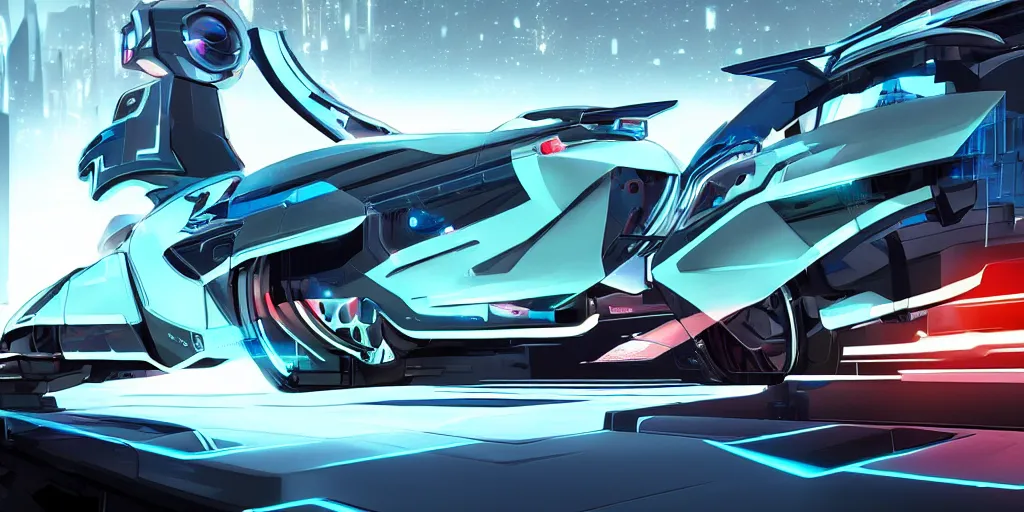 Prompt: a car in a futuristic street view styled like tron uprising animated series, eric canete