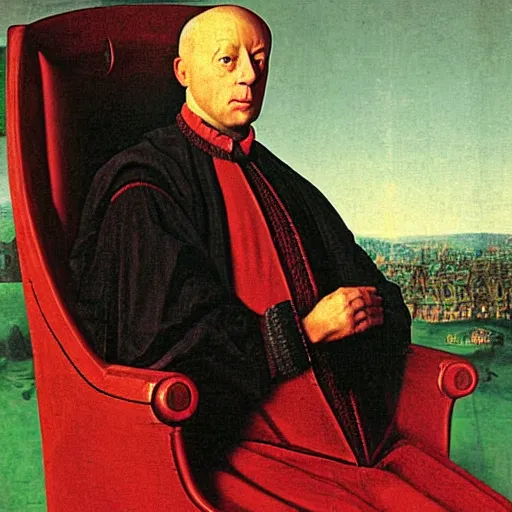 Image similar to a rich business man sitting in a big chair with a smirk, futuristic, by van eyck