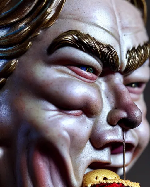 Image similar to highly detailed closeup, face profile portrait of a tin toy leonardo dicaprio as a medieval demon with horns eating cakes in a castle, hyper realistic, artstation, illustration, nicoletta ceccoli, mark ryden, lostfish, dan decarlo, bob clampett, max fleischer, digital paint, matte paint, vivid colors, detailed and intricate environment