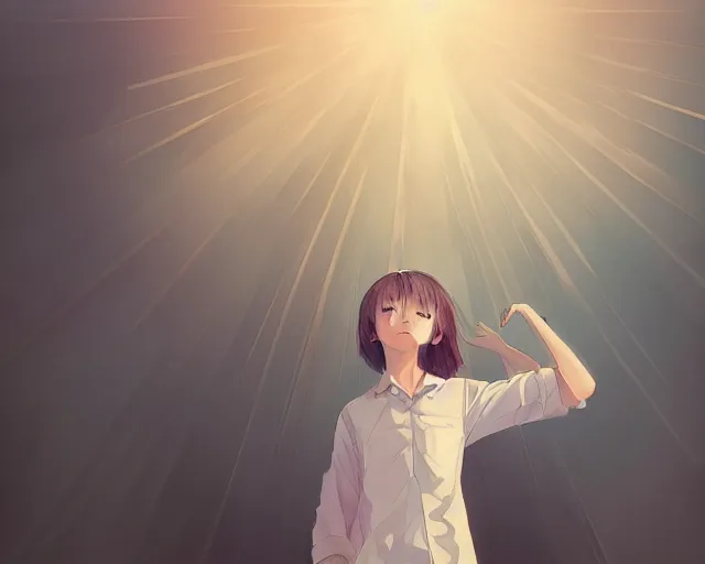 Image similar to teen looking at blue sky, wearing white shirt, back turned, looking up, illustration, by pine ( ハイネ ) and 薯 子 imoko and 香 川 悠 作 and wlop and maya takamura, highly detailed, trending artstation, pixiv, digital art