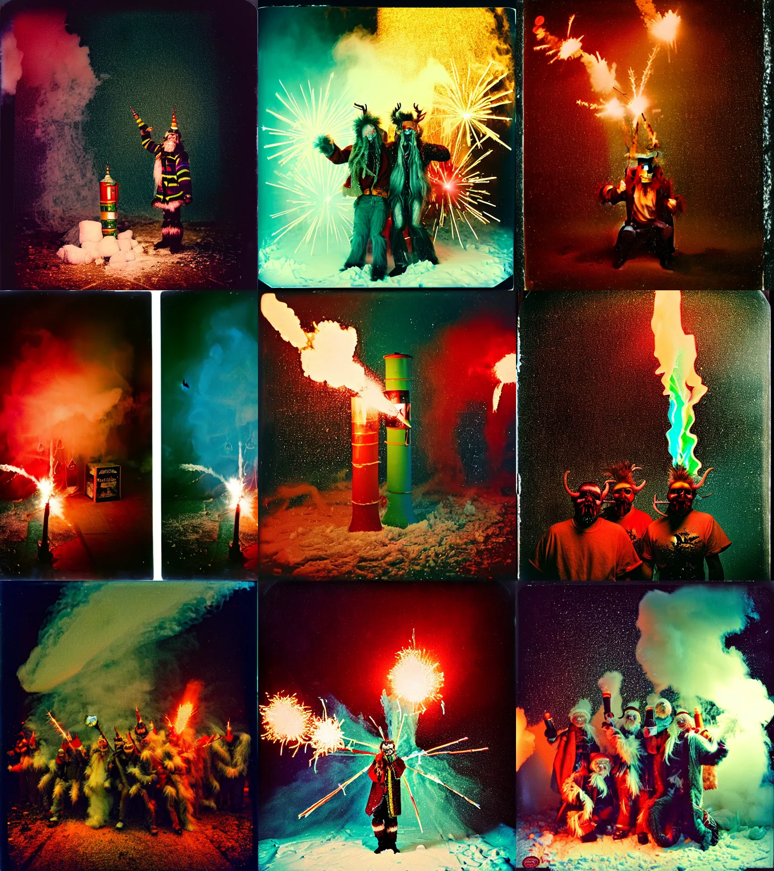 Prompt: kodak portra 4 0 0, wetplate, winter, snowflakes, rainbow coloured rockets, chaos, glitter tornados, award winning dynamic photo of a bunch of hazardous krampus between exploding fire barrels by robert capas, motion blur, in a small pantry at night with colourful pyro fireworks and torches, teal lights