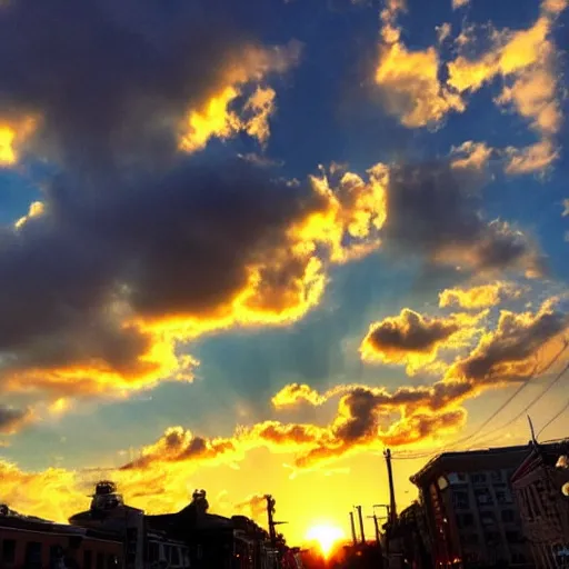 Image similar to photograph of the sky, taken with an iphone, raw, no filter, beautiful, sunset, clouds, city