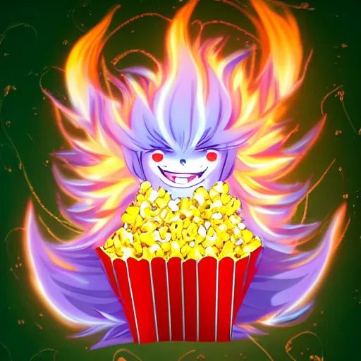 Image similar to fluffy strange popcorn elemental spirit anime character with a smiling face and flames for hair, sitting on a lotus flower, clean composition, symmetrical