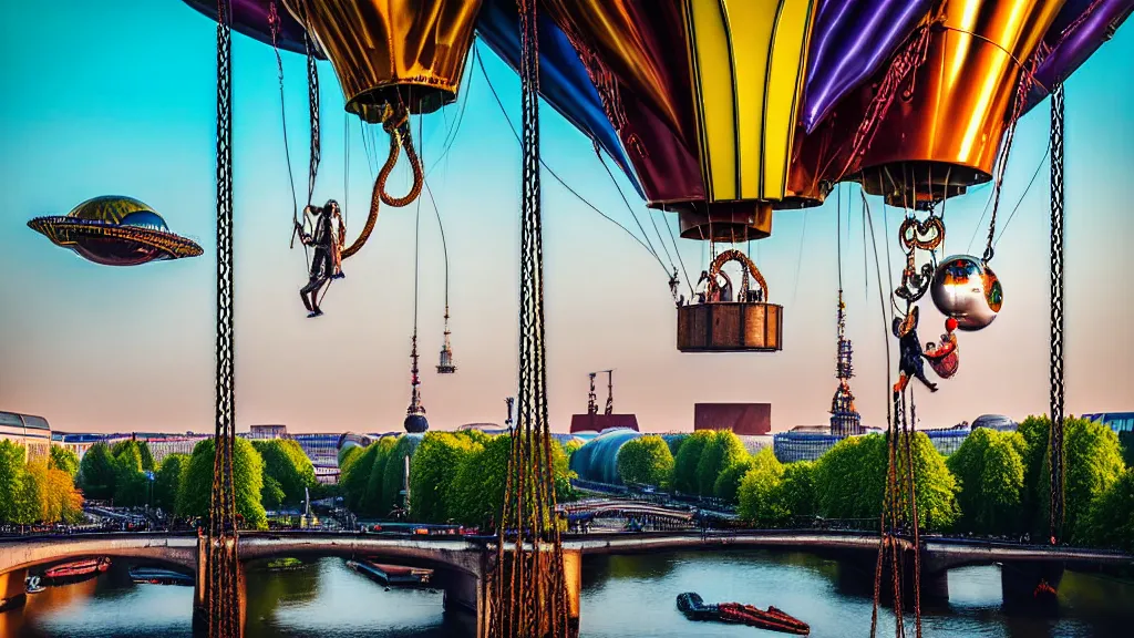 Image similar to large colorful futuristic space age metallic steampunk steam - powered balloons with pipework and electrical wiring around the outside, and people on rope swings underneath, flying high over the beautiful berlin city landscape, professional photography, 8 0 mm telephoto lens, realistic, detailed, photorealistic, photojournalism