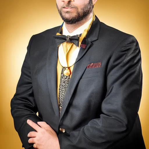 Prompt: portrait of the god Anubis wearing an office suit with a gold necklace, looking at the camera, black background, studio light