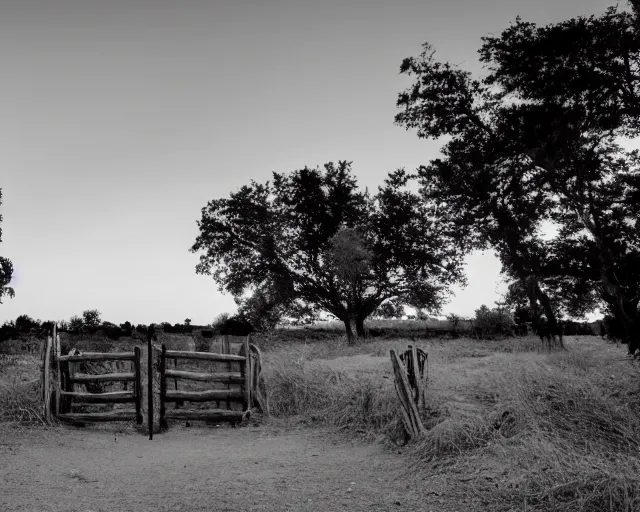 Prompt: Twin girls at iron gate at sunset - black and white photo