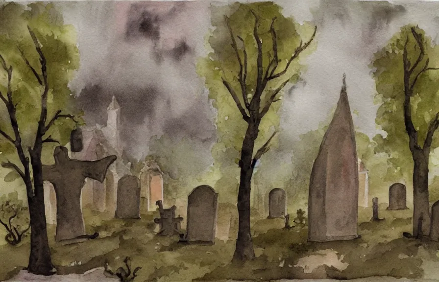 Image similar to monastery in a dark and gloomy forest with a graveyard and epitaph, rainy and stormy sky, watercolor painting