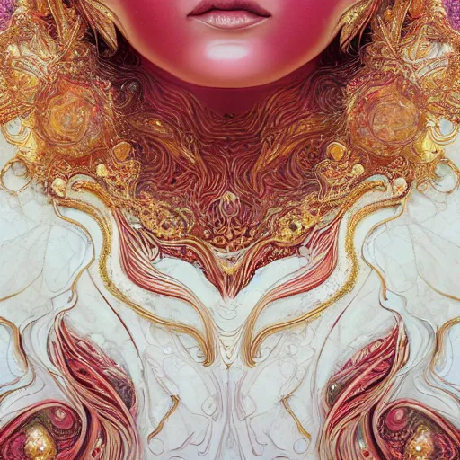 Image similar to abstract highly detailed female drawing made of white marble and red crystals quartz and minerals, ethereal lights, fine details, artstation, digital paint, fantasy, art noveau design, illustration, 8 k, intricate golden filigree, octane render, hypperrealistic painting, abstract liquid, concept art, painting by james gilleard and minna sundberg