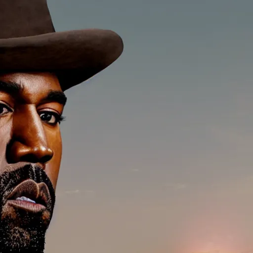 Image similar to Kanye West as Django in 'Django Unchained', splash art, movie still, cinematic lighting, detailed face, dramatic, octane render, long lens, shallow depth of field, bokeh, anamorphic lens flare, 8k, hyper detailed, 35mm film grain