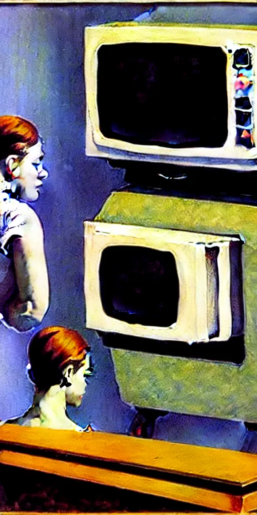 Image similar to edward hopper painting of a crt television broadcasting propaganda out of the screen, lots of people with no eyes. one normal person with eyes, a young man, frightened about what is going on around him s 1 5 0