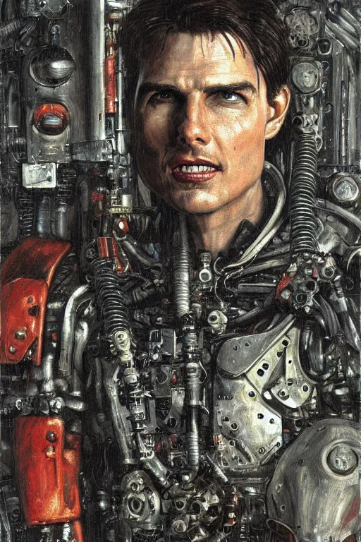 Image similar to portrait of demonic gothic Tom Cruise in mechanical power armor, cyberpunk, Warhammer, highly detailed, artstation, illustration, art by Gustav Klimt