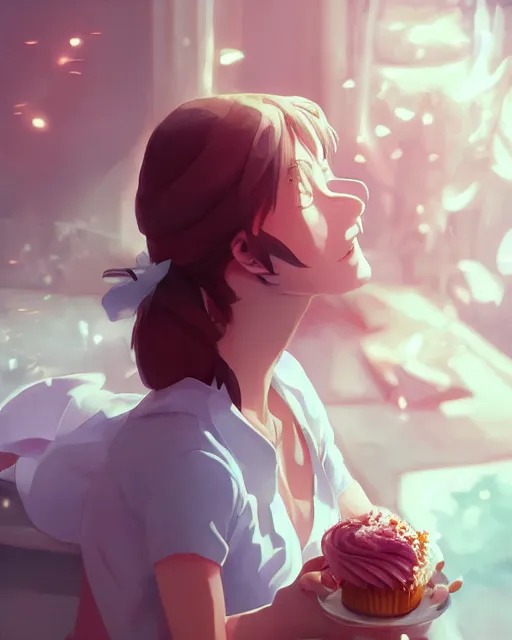 Image similar to a woman eating a cupcake, full shot, atmospheric lighting, detailed face, by makoto shinkai, stanley artgerm lau, wlop, rossdraws