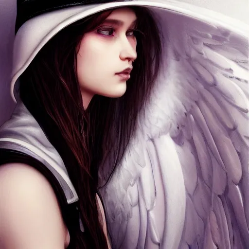 Image similar to A masterpiece portrait of a Incredibly beautiful angel queer girl with piercing and tatoo in leather nun hat. Incredible light. light night, artstation Masterpiece. Angel. Angel wings. light cute blush on face. medium shot, intricate, elegant, highly detailed. trending on artstation, digital art, by Stanley Artgerm Lau, WLOP, Rossdraws, James Jean, Andrei Riabovitchev, Marc Simonetti, Yoshitaka Amano. background by James Jean and Gustav Klimt, light by Julie Bell, 4k, porcelain skin. Octane render. epic dark fantasy.