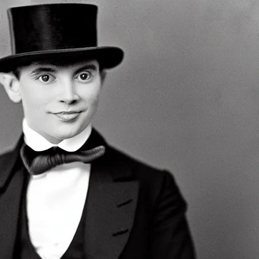 Image similar to A young man in a top hat in an elegant black suit has a cryptic smile on his face