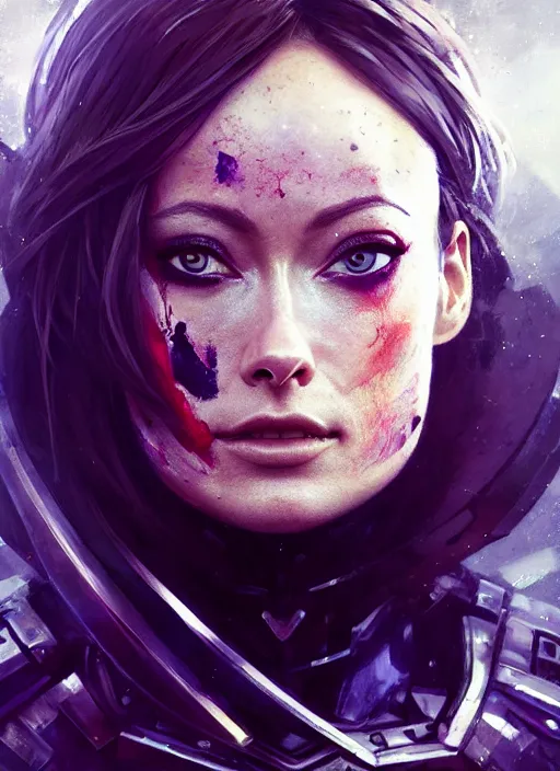 Prompt: close up painting, olivia wilde, sci - fi armor, fresh blood hair, beautiful, disgusted face, gorgeous, face visible, scars, eyeliner, cinematic lighting, eva suit, wallpaper, extremely detailed, sharp focus, by greg rutkowski and [ [ [ wlop ] ] ], intricate, beautiful, award winning, trending on artstation, pixiv