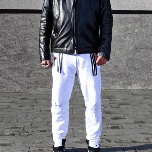 Image similar to sad middle aged man. black leather jacket, white adidas pants. full body