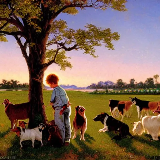 Prompt: feeding the farm dogs at sunrise, 4 k, by bob ross and norman rockwell