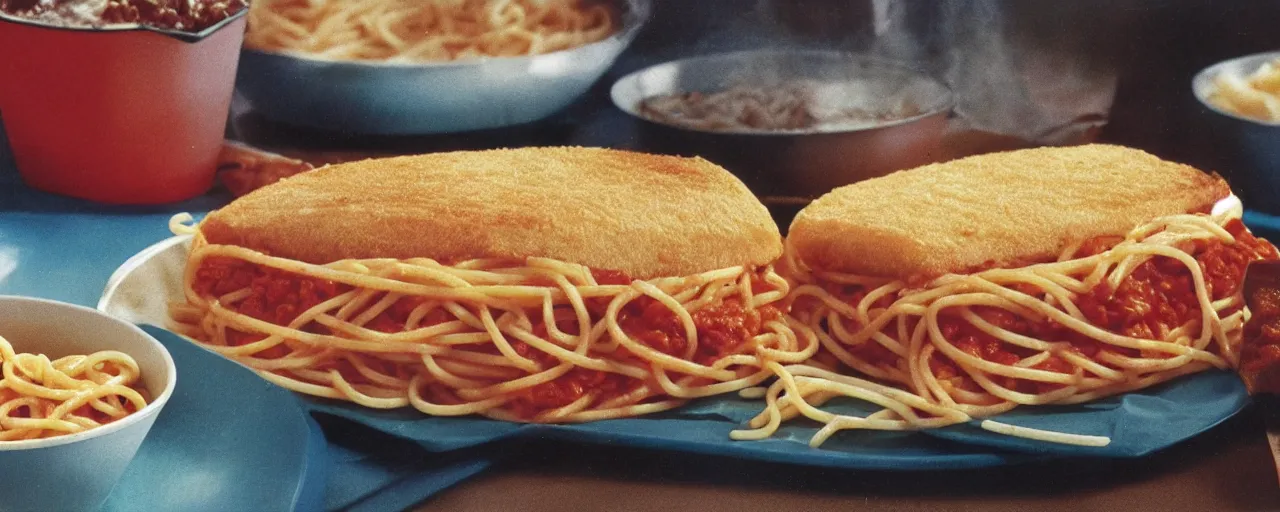 Prompt: 1 9 8 0 s mcdonalds best selling spaghetti sandwich, kodachrome,