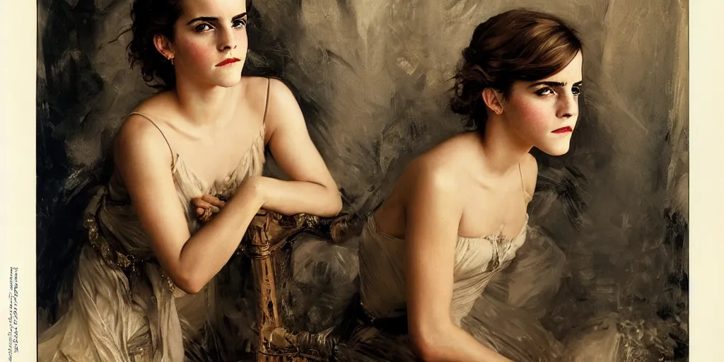 Prompt: emma watson frowning detailed portrait painting by gaston bussiere craig mullins j. c. leyendecker photograph by richard avedon peter lindbergh annie leibovitz