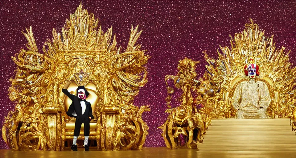 Image similar to shining majestic throne made of millions of diamonds, gold and zaphires with thousands of light reflections, and a stupid clown on a suit is sitting on the throne while handing a globe, 4 k