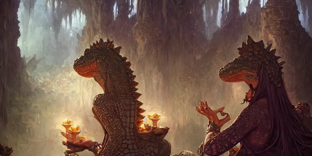 Prompt: crocodile lair priestess ceremony, deep focus, d & d, fantasy, intricate, elegant, highly detailed, digital painting, artstation, concept art, matte, sharp focus, illustration, hearthstone, art by artgerm and greg rutkowski and alphonse mucha