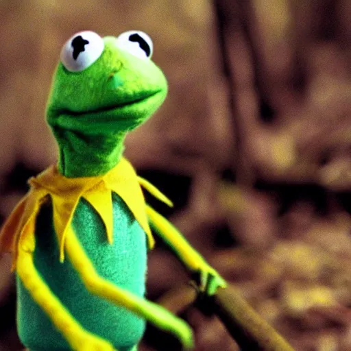 Prompt: a still of kermit the frog in the blair witch project