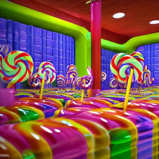 Prompt: The most delicious looking candy inside Willy Wonka's factory, photorealism, 3D render, 8k