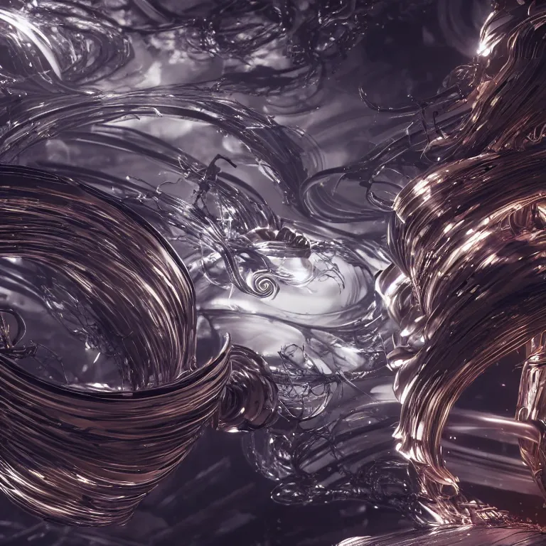 Image similar to swirling abstract cyborg parts and ornate flowing smoke streams and smooth particle effects surround a small metallic spiral, cinematic, unreal engine