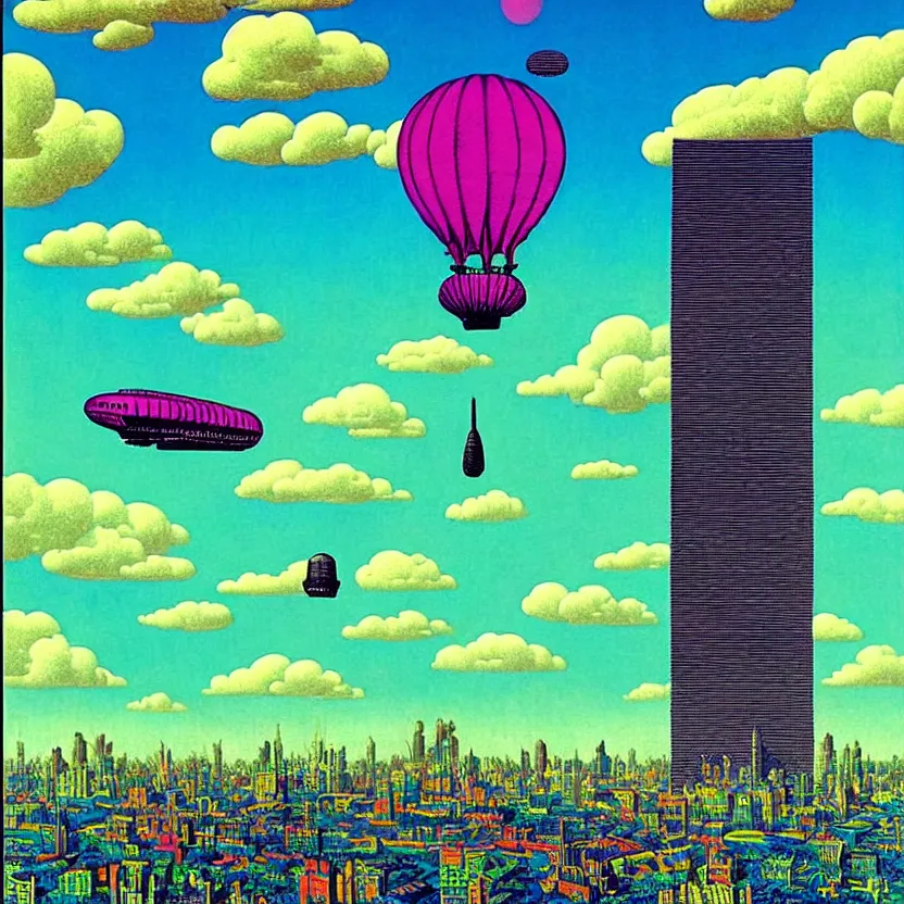 Image similar to surreal glimpse into other universe, mahanakorn tower with airship floating n the sky, summer morning, very coherent and colorful high contrast, art by!!!! rene magritte!!!!, geof darrow, floralpunk screen printing woodblock, dark shadows, hard lighting, stipple brush technique,