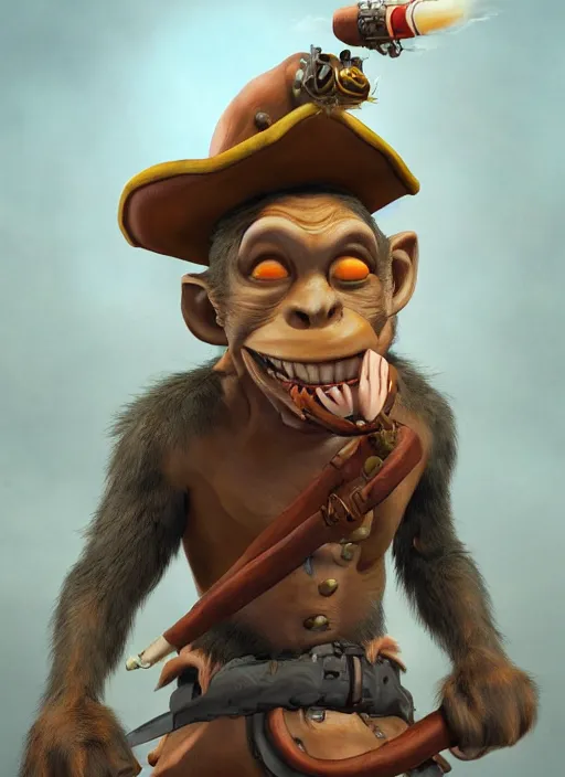 Image similar to studio ghibli pathfinder 2 e bestiary digital illustration of a goblin mixed with a monkey smoking a cigar, pirate themed, character portrait, unreal engine, hyper realism, realistic shading, cinematic composition, realistic render, octane render, detailed textures, studio lighting, photorealistic, wide shot