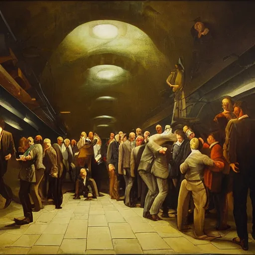 Image similar to underground tunnels inhabited by portly white men in suits and ties, computers, lights and switches, portal to another world, baroque oil painting