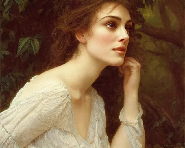 Image similar to portrait en buste of winona ryder kiera knightley in repose by Hughes Merle, by Pierre Auguste Cot, perfect realistic eyes, realistic fabric, abundant detail