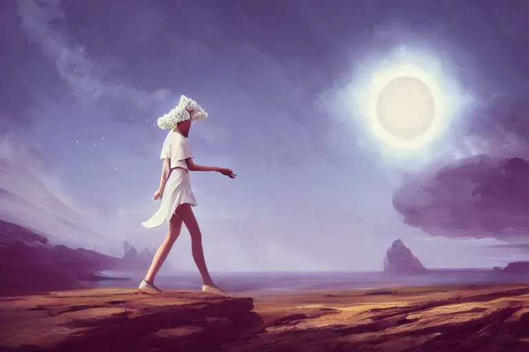 Image similar to giant white daisy flower on head, girl walking on cliff, surreal photography, solar eclipse, milky way, dramatic light, impressionist painting, clouds, digital painting, artstation, james gilleard, liam wong, jeremy mann, simon stalenhag