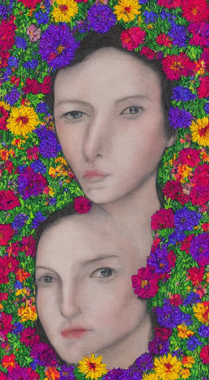 Image similar to a symmetric portrait of an antrounded by flowers, by well renowned world artist