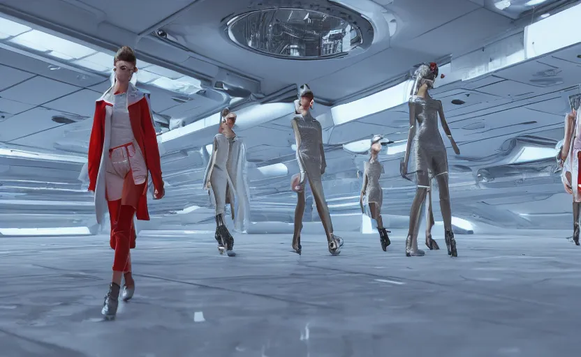 Prompt: High Quality Rendering of Fashion Catwalk on a Space-Station, Sci-Fi, Octane Renderer, Redshift, Raytracing