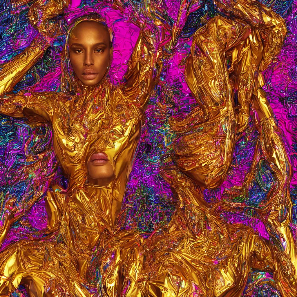 Image similar to hyperdetailed masterpiece portrait of a glossy golden metallic statue of a woman covered in colorful glowing digital circuits and hexagons, symmetrical, in the style of virgil abloh, offwhite, heron prestorn, denoise, vogue, paris, fashion, louvre museum, highly detailed, realistic, hyperreal, 8 k, 4 k, render