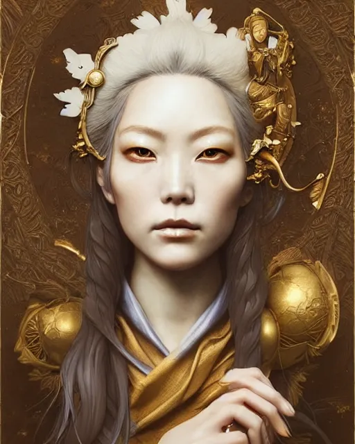 Prompt: intricate japanese carved porcelain with gilding western woman portrait, celestial overgrowth, photorealistic, elegant, artgerm, peter mohrbacher