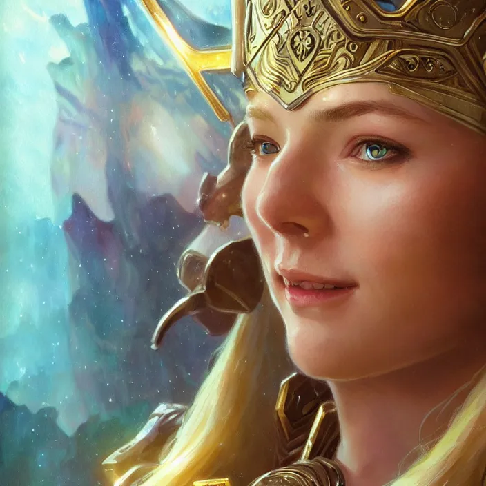 Prompt: smiling beautiful female thor with sparkling eyes, closed up portrait, highly detailed, gold filigree, fantasy, soft cinematic lighting, award, disney concept art, watercolor illustration by mandy jurgens and alphonse mucha and alena aenami, pastel color palette, featured on artstation