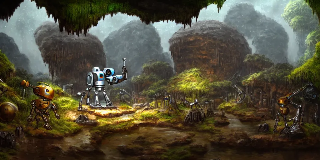 Prompt: a chrome drillbot visits a slightly rusted cave mouth in the jungle, retrofutistic, matte oil painting, merchant tents, science fantasy, salt, rpg, epic, extremely detailed, sharp focus, 4 k
