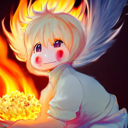 Image similar to fluffy popcorn anime character with a smiling face and flames for hair, sitting on a lotus flower, clean composition, symmetrical