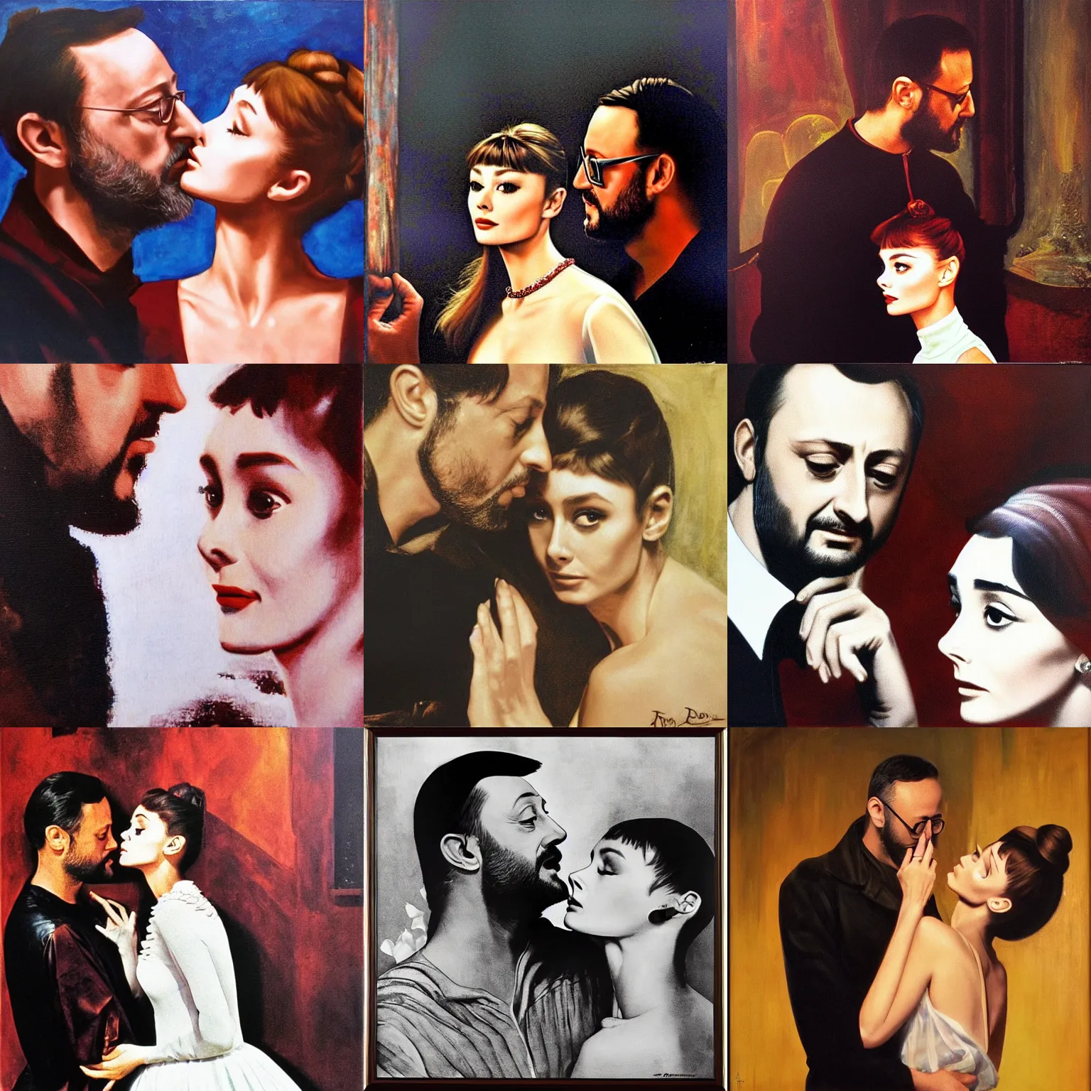 Prompt: Romeo (Jean Reno) and Juliet (Audrey Hepburn), are looking at each other romantically. dramatic, romantic, theatrical, lumnious, cinematic lights, oil canvas by Frank Dicksee, Alfred Elmore, Mather Brown