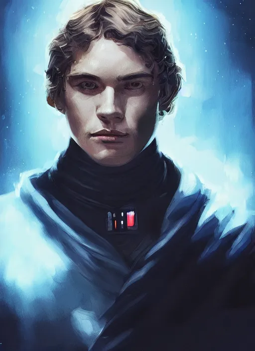 Image similar to a portrait of anakin skywalker with darkside corruption, cyberpunk, grim - lighting, high - contrast, intricate, elegant, highly detailed, digital painting, artstation, concept art, smooth, sharp focus, illustration