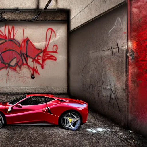 Image similar to hyper detailed and photorealistic, red ferrari, dust, humus, wet street, graffiti on wall, trash scattered, abandoned car garage, 8 k, uhd, after rain, cinematic