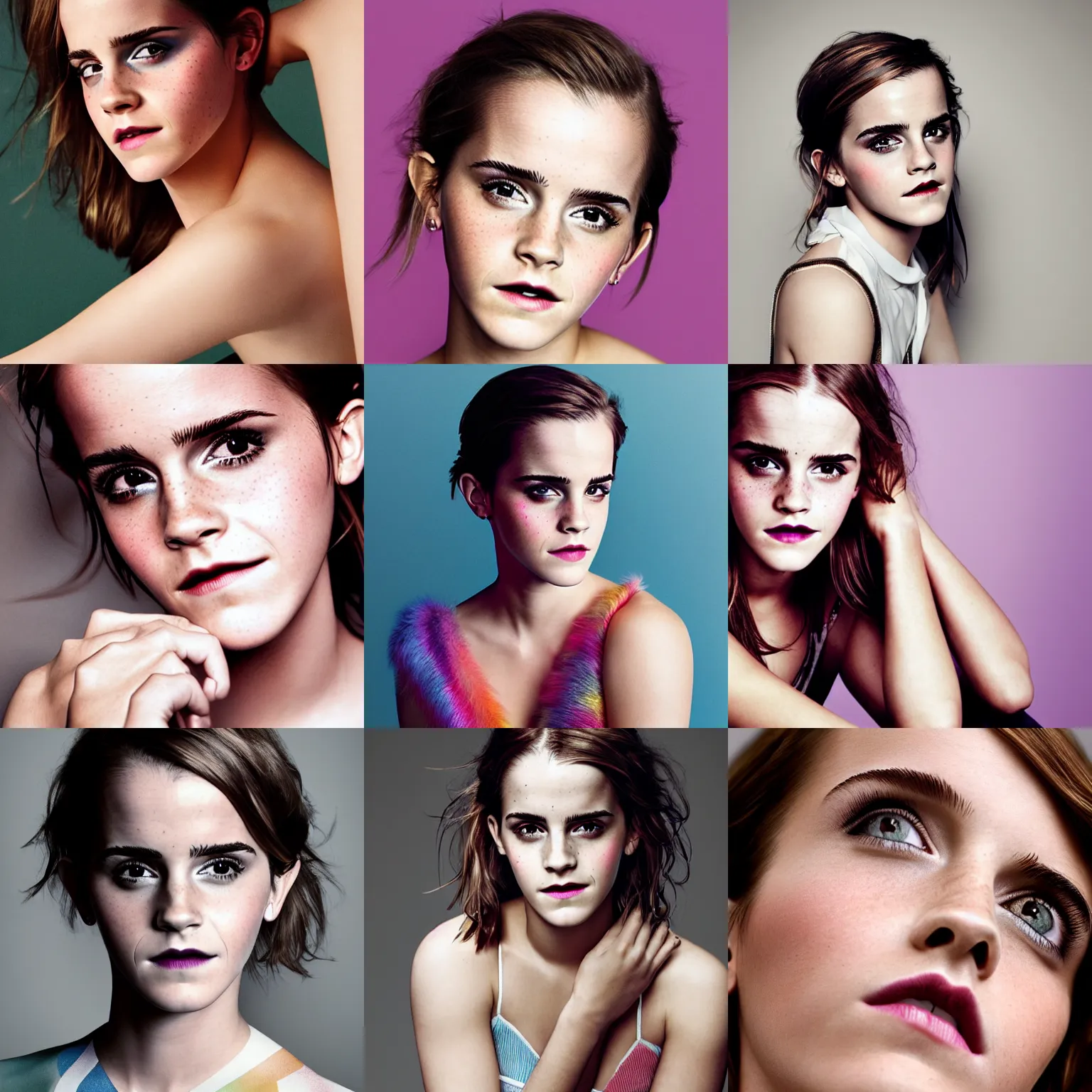 Prompt: Photo of Emma Watson wearing rainbow makeup, soft studio lighting, photo taken by Martin Schoeller for Abercrombie and Fitch, award-winning photograph, 24mm f/1.4