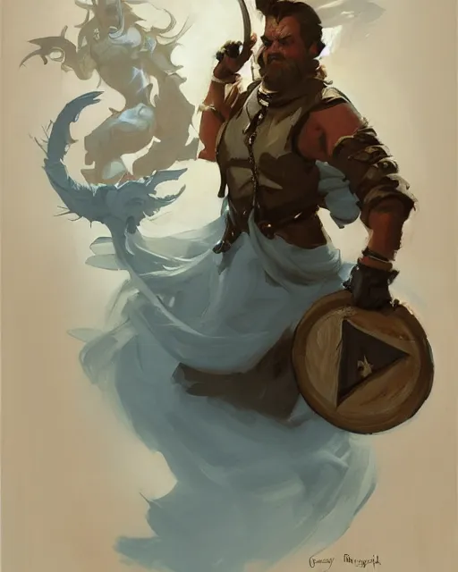Image similar to greg manchess portrait of hollywood painting, d & d, fantasy, medium shot, asymmetrical, intricate, elegant, matte painting, illustration, hearthstone, by greg rutkowski, by greg tocchini, by james gilleard, by joe fenton, dynamic lighting, gradient light blue, brown, blonde cream and white color scheme, grunge aesthetic